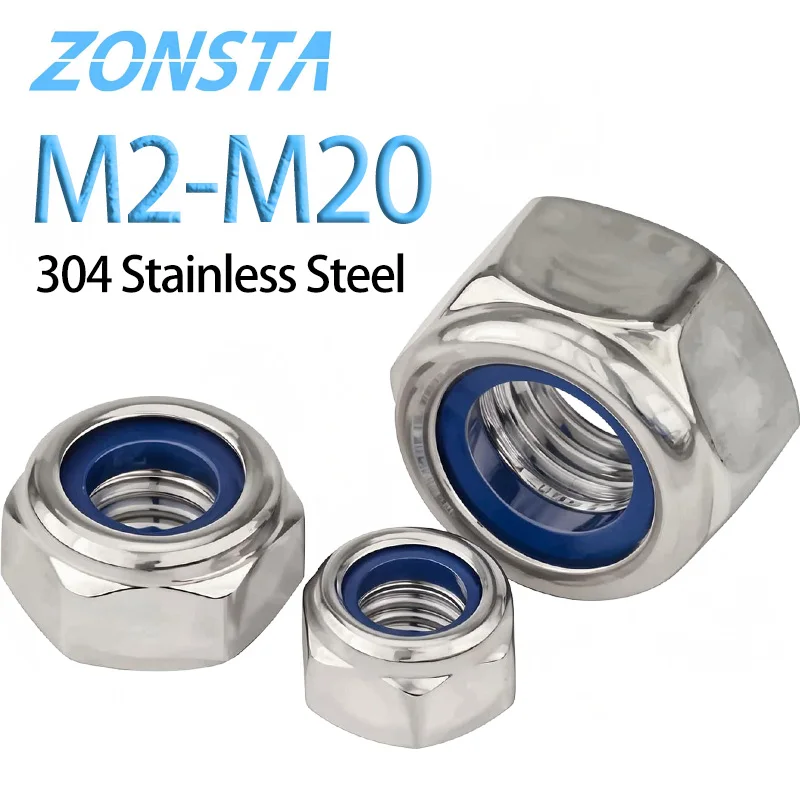 304 Stainless Steel Hex Nylon Lock Nuts M2 M2.5 M3 M4 M5 M6 M8 M10 M12 M14 M16 M20 Hexagon Hex Self-locking Nylock Nut Locknuts.