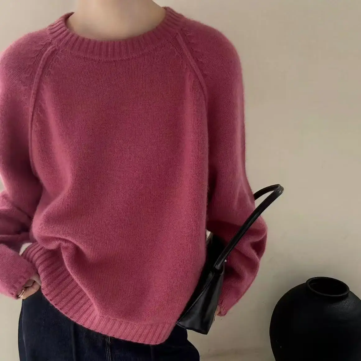 Maglione lavorato a maglia di lana pullover tinta unita girocollo da donna con trama ampia, morbida e morbida, maglione base casual e semplice