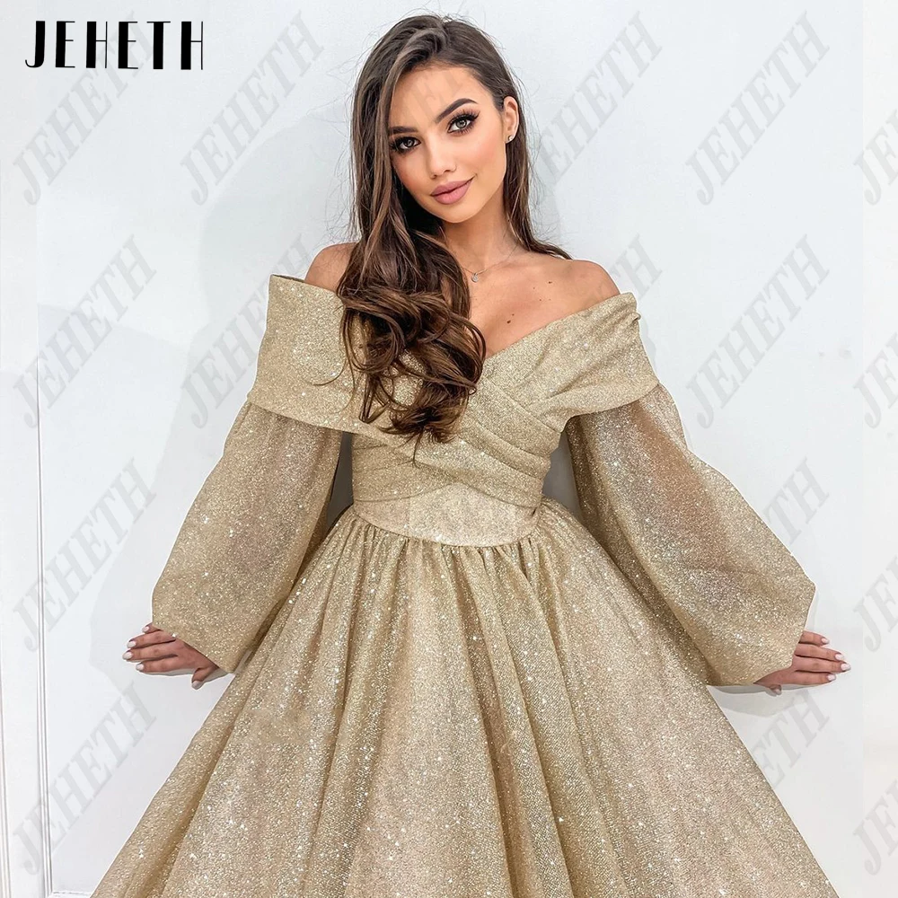 JEHETH Champagne Puff Sleeves Prom Gowns Glitter Off Shoulder V-Neck Evening Dresses Shiny Tulle A-Line vestidos de graduación