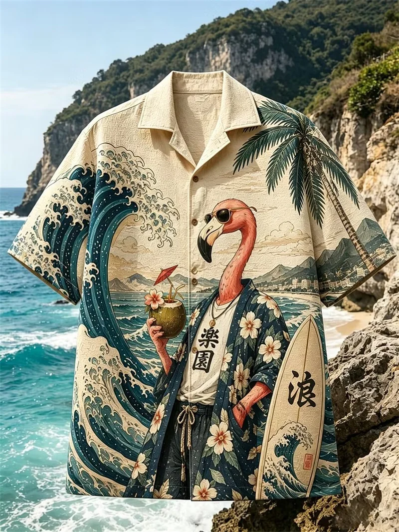 New casual shirt with contrasting colors, waves attract wealth, cat auspicious pattern, lapel short sleeved shirt