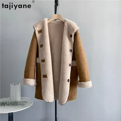 Tajeyane-abrigo de lana 100% con capucha para mujer, chaqueta de corte de oveja de doble cara, abrigos de piel de invierno