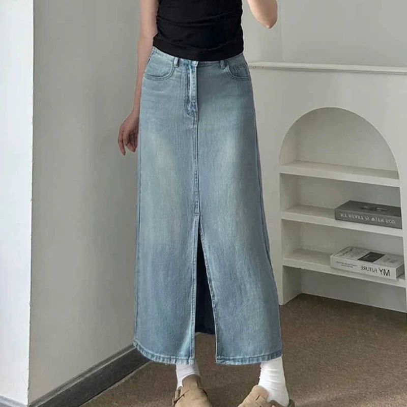 

S-3xl Denim Skirts Women Summer Thin High Waist Slit Mid Length A-line Wrap Hips Skirt Elegant Female Jean Skirts Street Wear