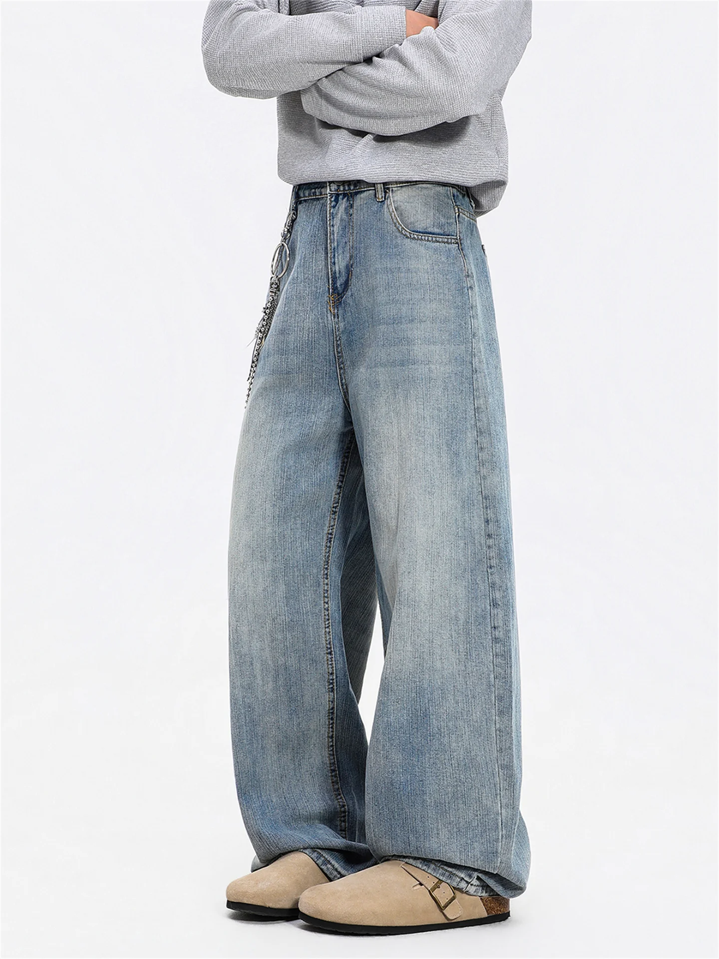 

Waed Wide Leg Men's Jeans Bamboo Node Pattern Straight Casual Pants mid Waist Zipper Fly Loose Fit Autumn Spring Faion