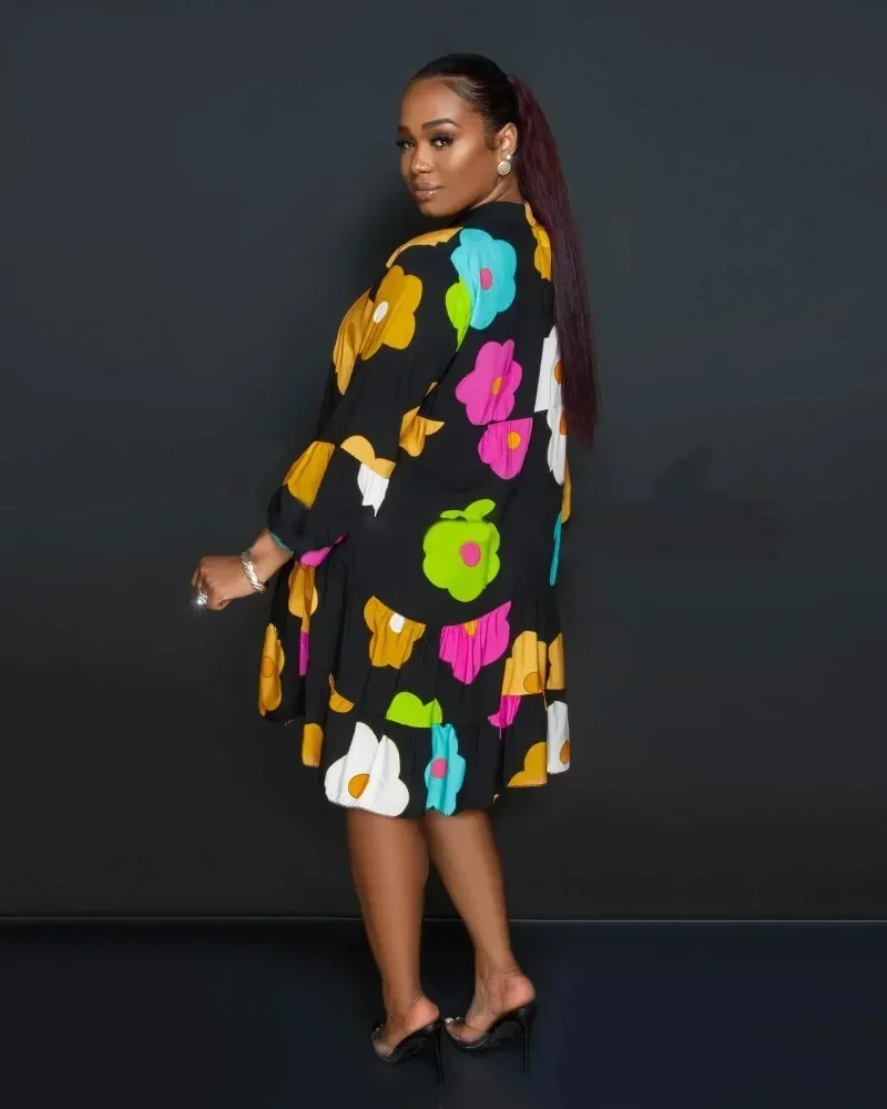 GUWU 花柄プリントランタン長袖シングルブレストルーズシャツスタイルベビードールドレスシックなベスティド女性用ドレス