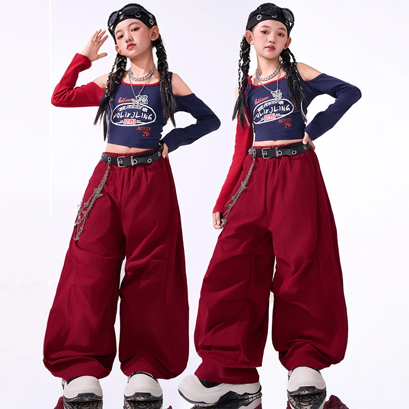 

2025 Kpop Dance Costume Girls Jazz Performance Clothing Crop Top Red Hip Hop Pants Children Fashion Street Dance Outfit AMY2852