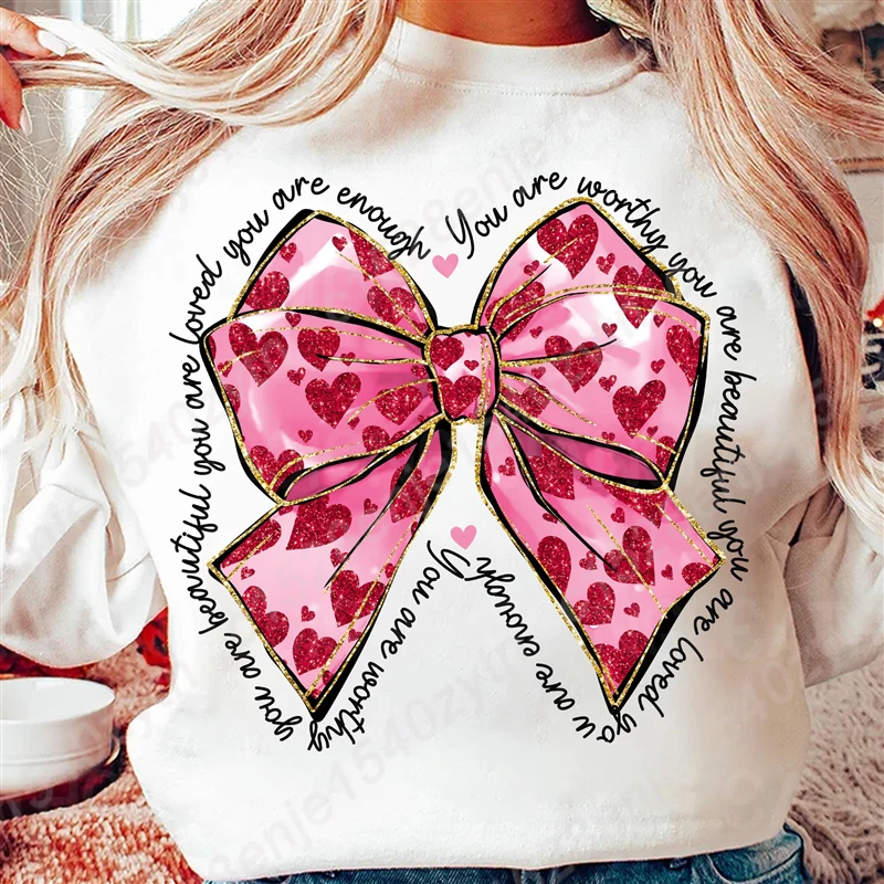 Pink Valentine Coquette Heart You Are Loved Print Pullovers Round Neck Pullovers Casual Outdoor Long Sleeve Hoodless Sweatshirts