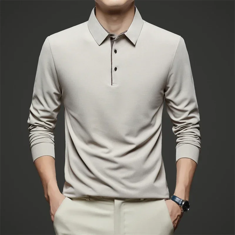 

New Men's Business Casual Long Sleeve Solid Color Polo Shirt Fashionable Warm Comfortable Four Seasons Versatile Top