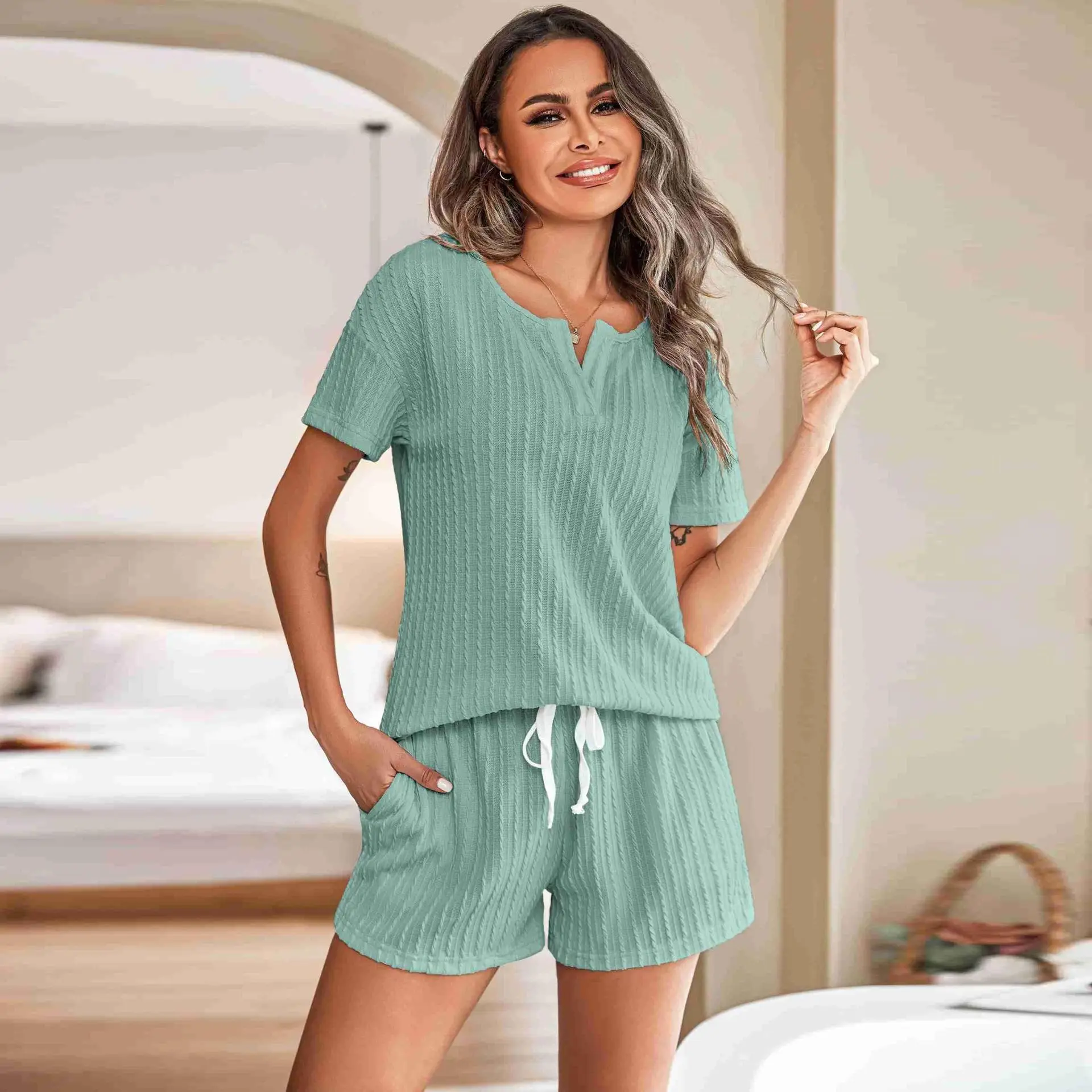 Women's Jacquard Pajamas Set Short Sleeve Shorts Two Piece Summer Home Wear Knitted Comfortable Short Sleepwear Suit