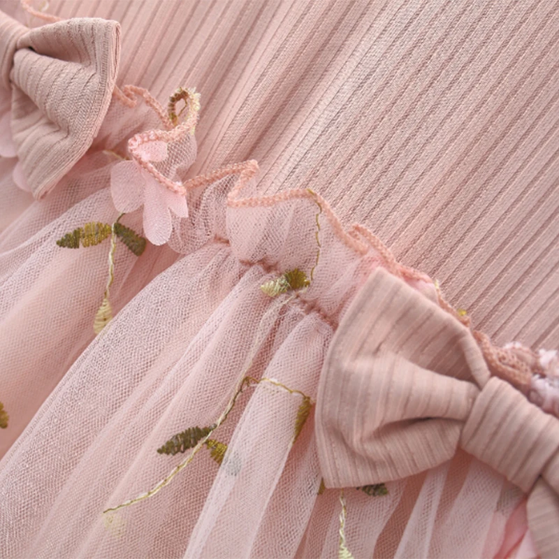 New Single Piece Spring And Autumn Baby Girl Baby Pink Thin Long Sleeved Princess Flower Mesh Dress