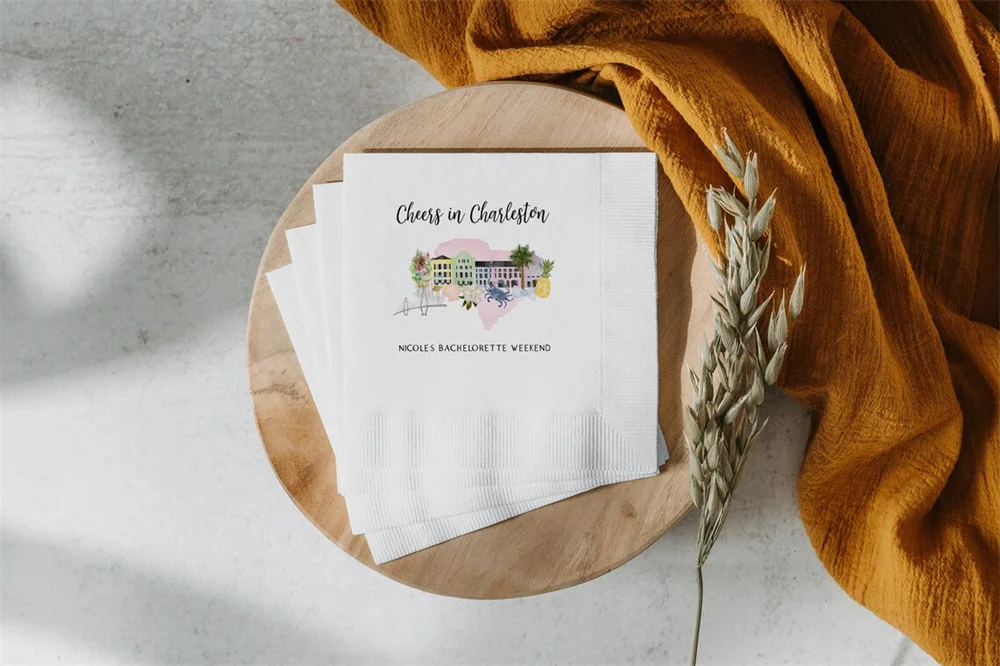 50PCS Charleston Bachelorette Party Cocktail Napkins, Full Color Personalized Cheers in Charleston Napkins, Bachelorette Weekend