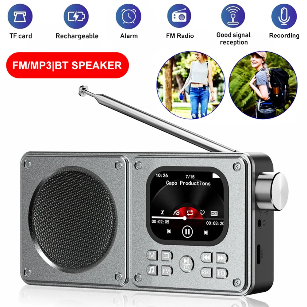 Reproductor de Radio FM portátil MP3/MP4, altavoces BT inalámbricos para exteriores de 1500mAh, Mini reproductor de música con sonido Hifi para viajes al aire libre y Camping