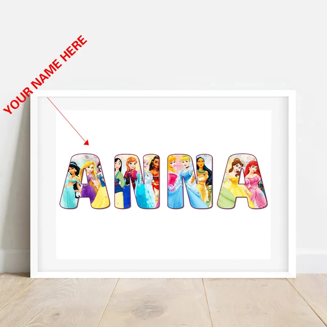 Princess name frame children's 2024 kids baby girls illustrated name art picture, personalised print illustration nursery decor princesses