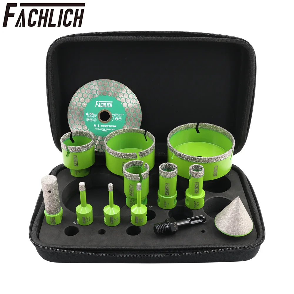 FACHLICH 12pcs Diamond Drilling Bits Kit With 20mm Milling Bit 50mm Chamfer SDS 115mm Double Cutting Grinding Disc 5/8