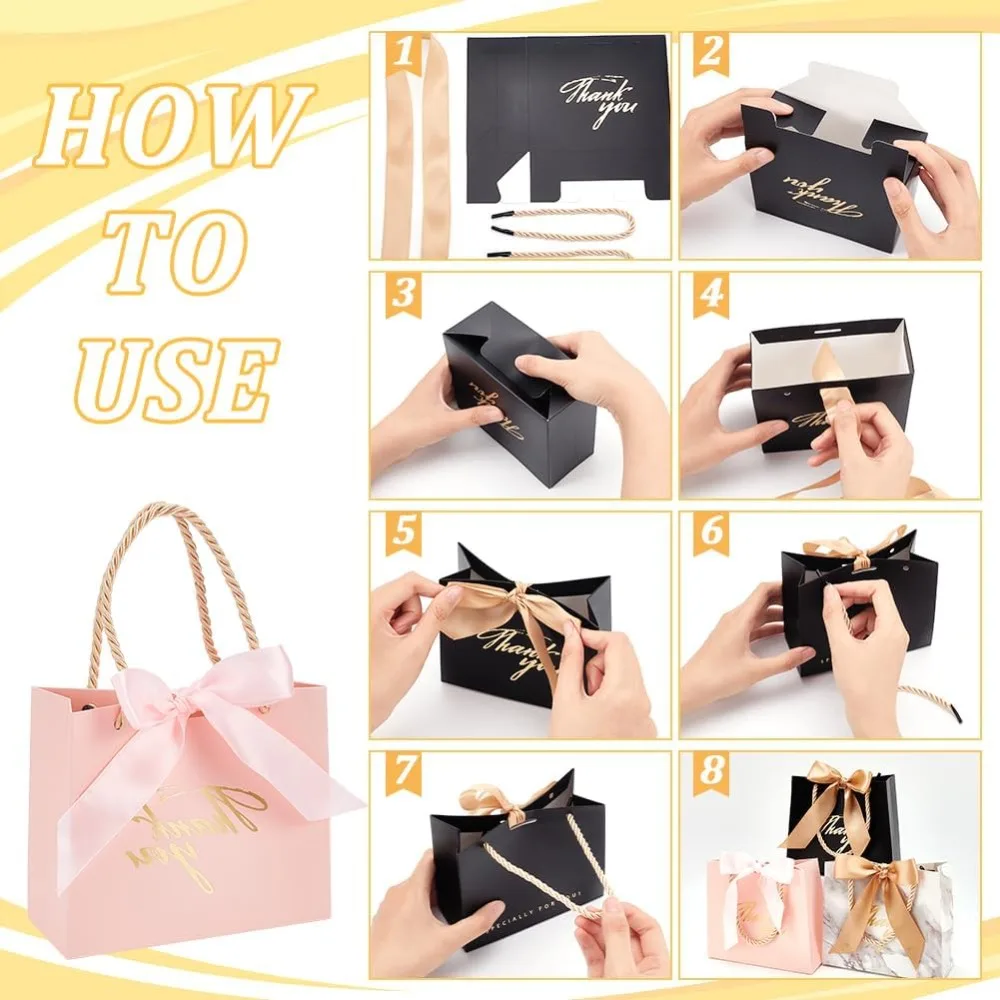 24 قطعة أكياس هدايا شكرًا لك أكياس هدايا ورقية وردية أكياس هدايا للحفلات بختم ساخن مع شريط للأعمال والتسوق وحفلات الزفاف وأعياد الميلاد