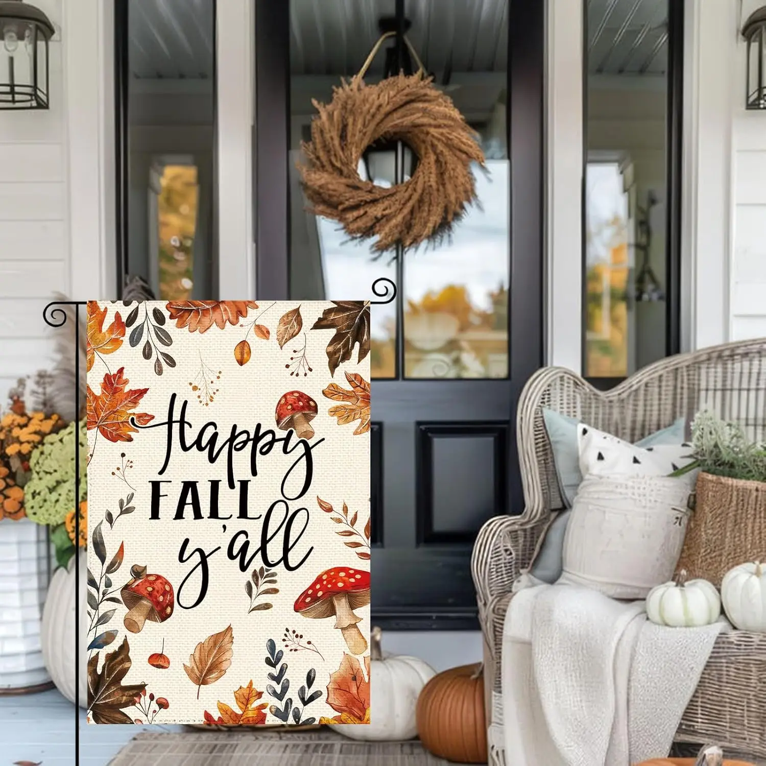 Fall Mushroom Welcome Garden Flag 12 x 18 Inch, Autumn Thanksgiving Maple Leaf Burlap Double Sided Small Flag Yard House Far SSL