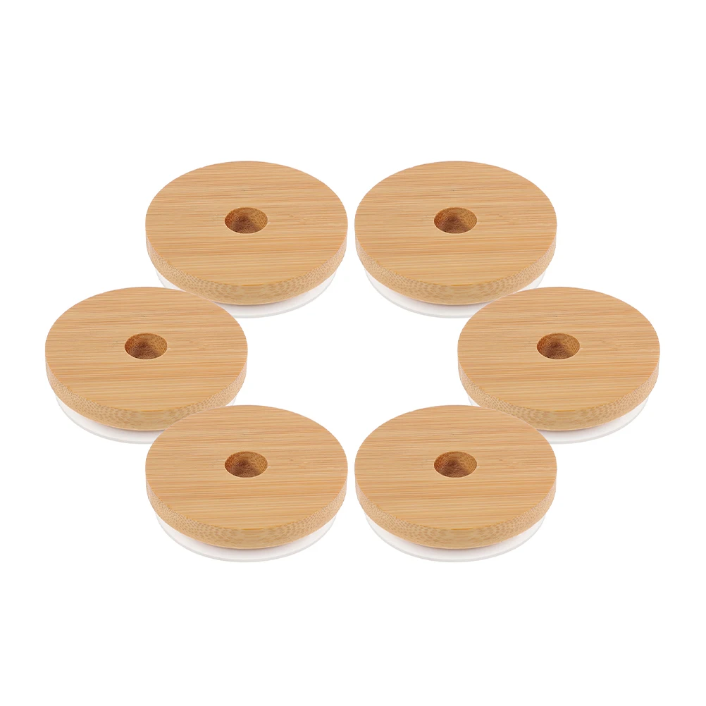 

6pcs Wood Grain Seal Lids For Glass Jars With Straw Hole Canning Lid Cover Reusable Jar Lids For Water Cup Yogurt Bottle Mug