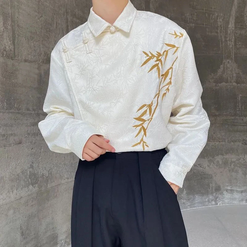 Mens Chinese Jacquard Bamboo Embroidered Cheongsam Button Shirt Autumn Winter Genderless Retro Satin Long Sleeve Shirt Unisex