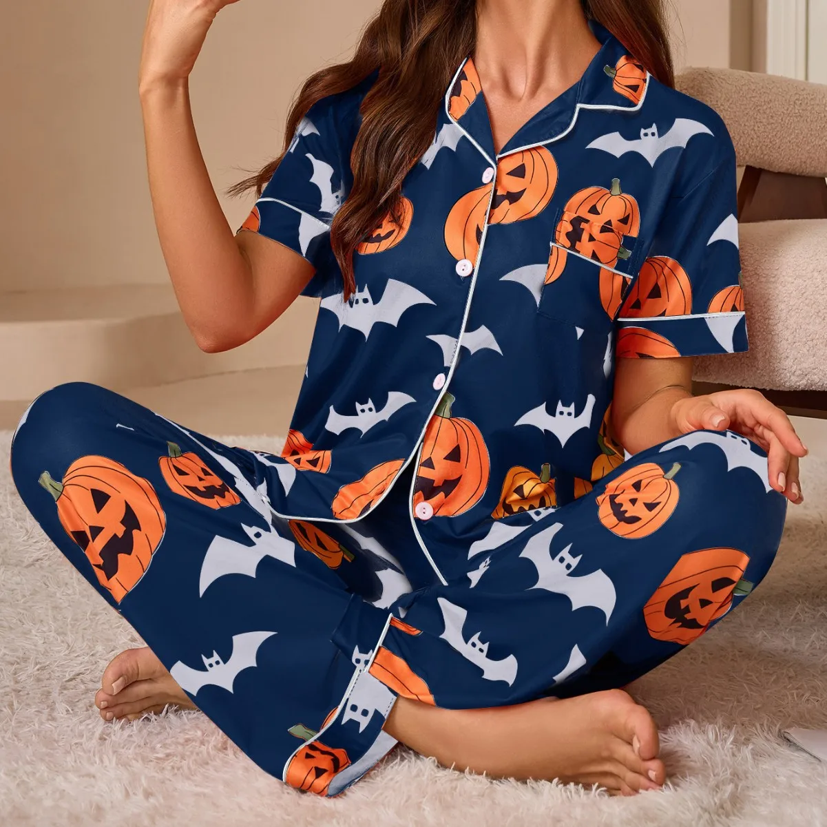 Cardigan Halloween Print Pajamas For Women Polyester Cardigan Halloween Print Pajamas For Women Lapel Contrast Piping Short