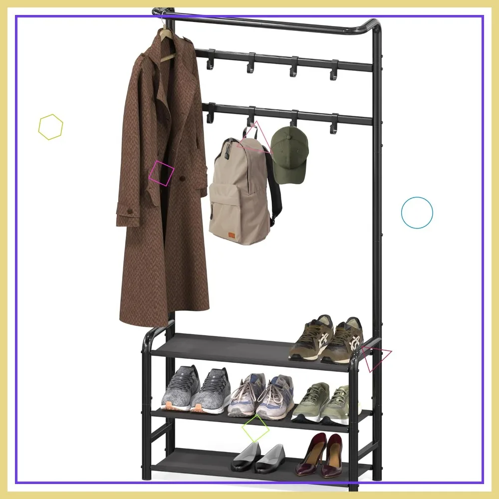 

Напольная вешалка для одежды с полкой для хранения и крючками для прихожей, спальни, офиса - черная металлическая стойка для одежды