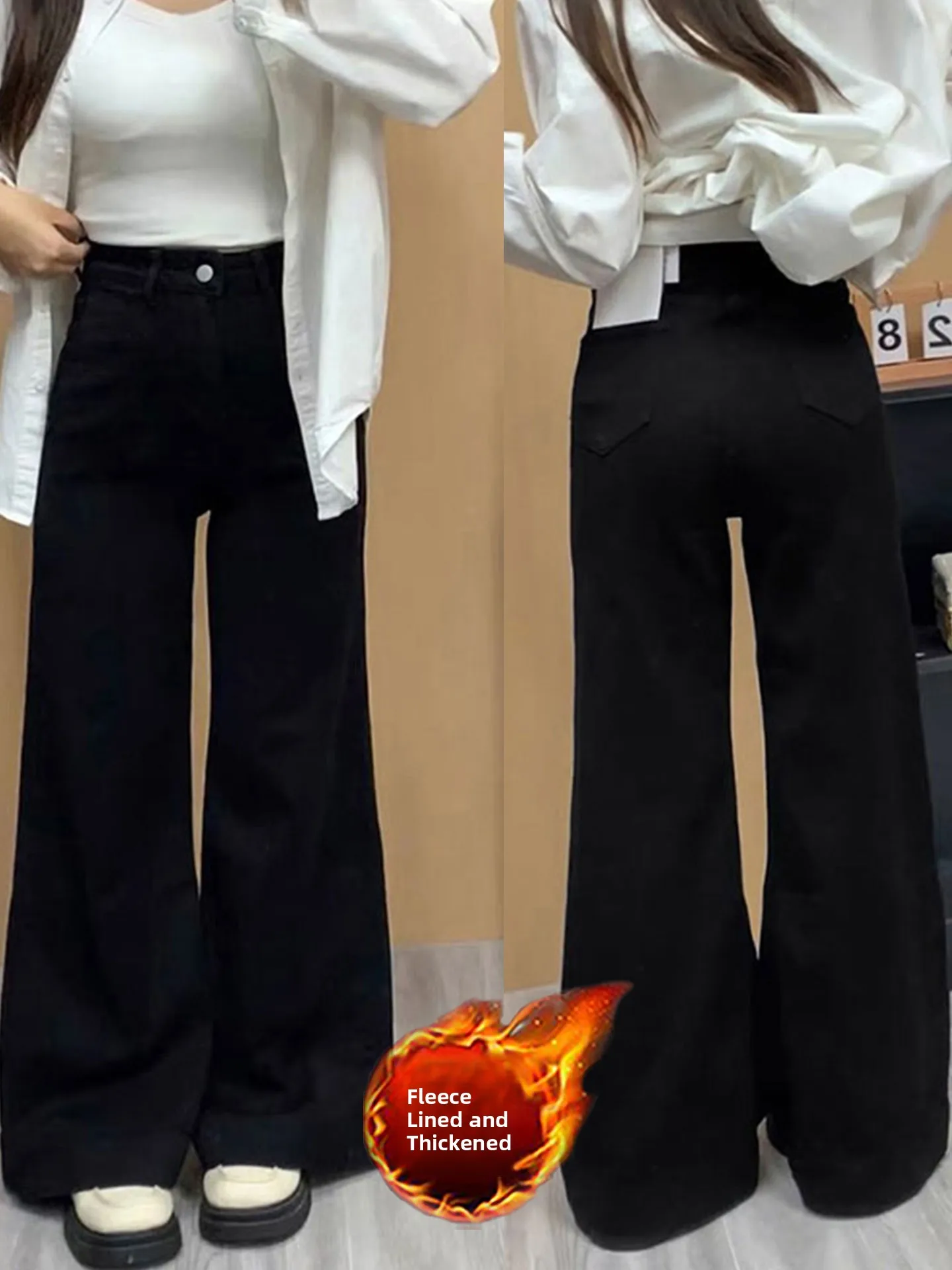 

plus Size Bla Wide Leg Denim Jeans Women's Fce Lined Thiened Loose Slimming Non-Matching Leggings Casual High Waist Be...