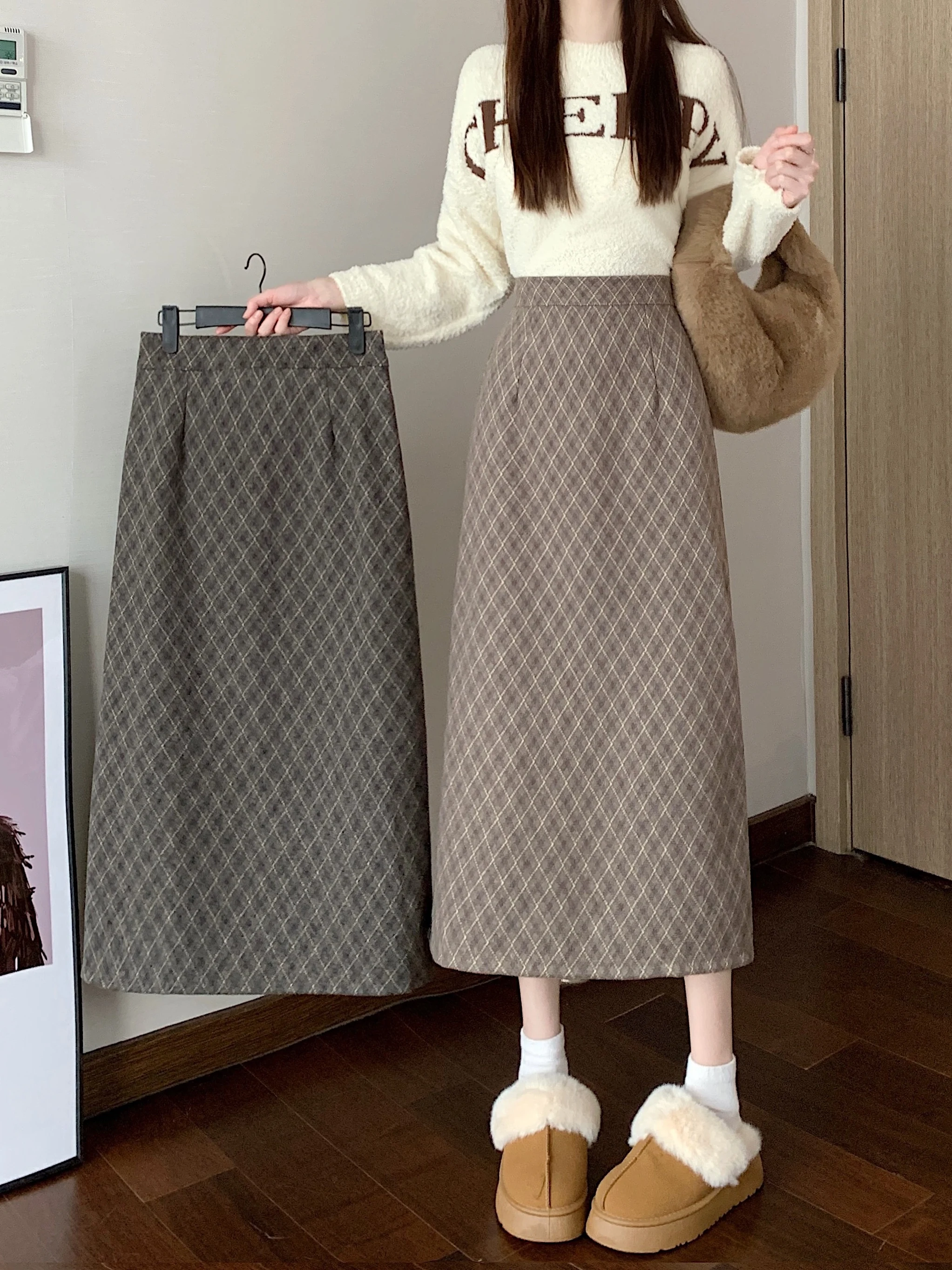 

Юбка миди А-силуэта из шерсти в клетку больших размеров для женщин, осенне-зимняя, с завышенной талией, в корейском стиле, повседневная, для фигуры типа «груша»