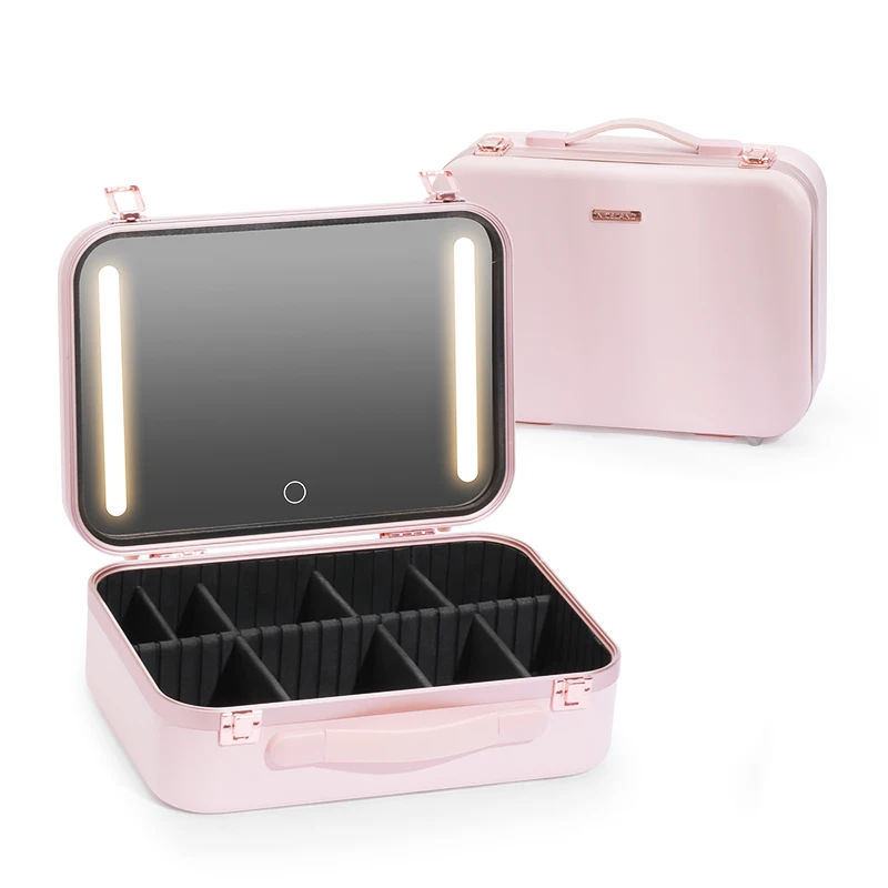 Lighted Makeup Case with Mirror - Portable Travel Makeup Organizer with LED Mirror, 3 Light Settings, Rechargeable Makeup Bag w