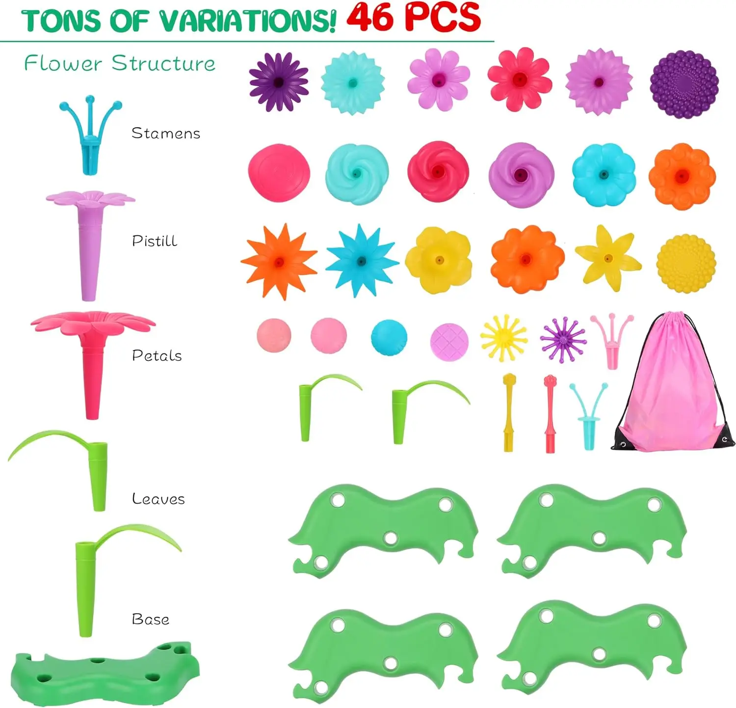 46 PCS Flower Garden Building Toys for Girls, STEM Toy Gardening Pretend Play Set for Kids, Girls Favor Stacking Game for Toddle