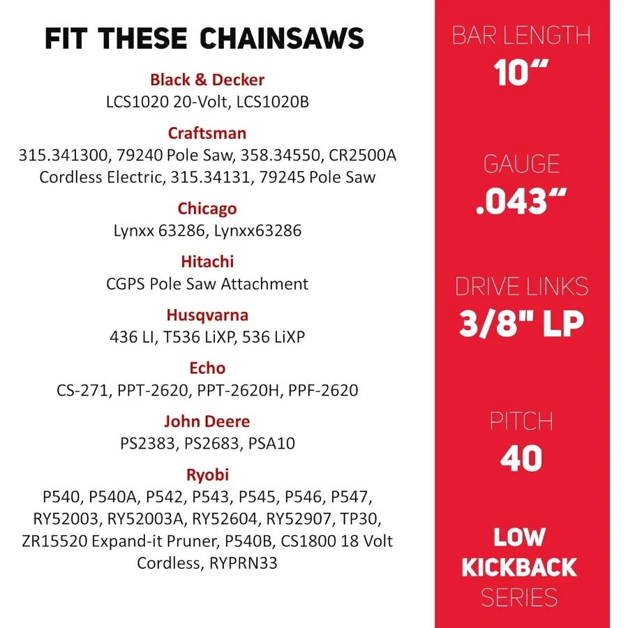 E e S Confezione da 3 catene per motoseghe da 10 pollici 3/8" LP Passo.043" Calibro 40 maglie di trasmissione Catene per motoseghe semi-scalpello per Husqvarna Poulan