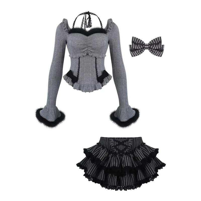 Japanese Gothic Y2k Lolita Style Skirt Set Women Sweet Lace Patchwork Bow Top Kawaii Stripe Mini Skirts Vintage Elegant Outifits image 6