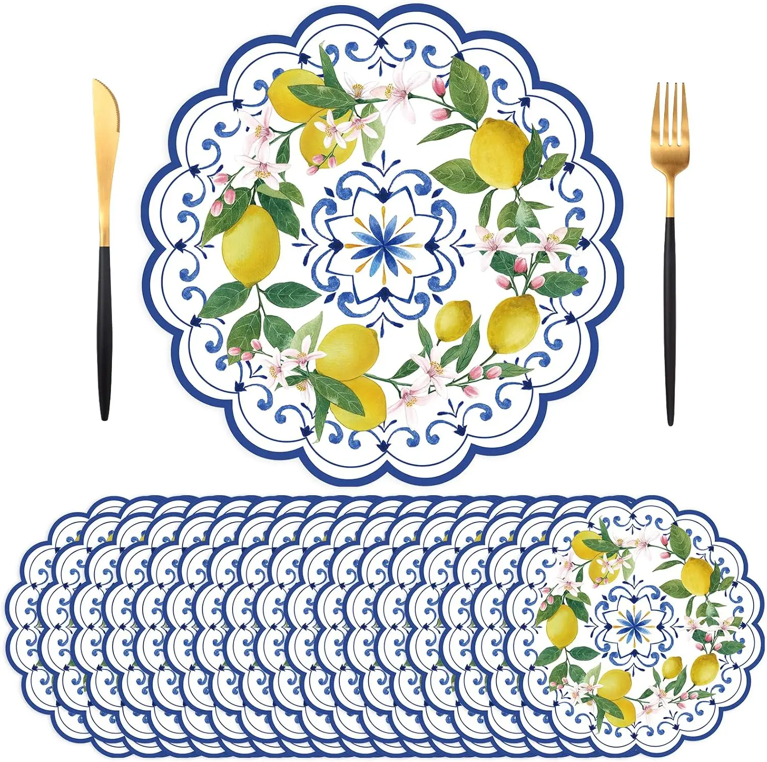 

50Pcs Lemon Paper Placemats, 13.5" Round Disposable Table Mats for Summer Parties, Easy Cleanup