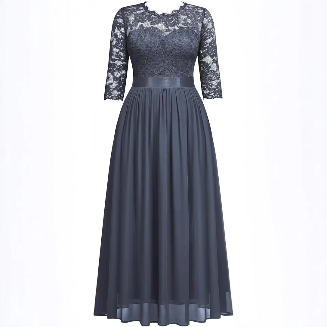 فساتين وصيفة الشرف أنيقة بدون أكتاف على شكل حرف A من الشيفون والدانتيل وشاحات على شكل فيونكة 3/4 كم لحفلات الزفاف والسهرات الرسمية والحفلات الراقصة بسحاب خلفي