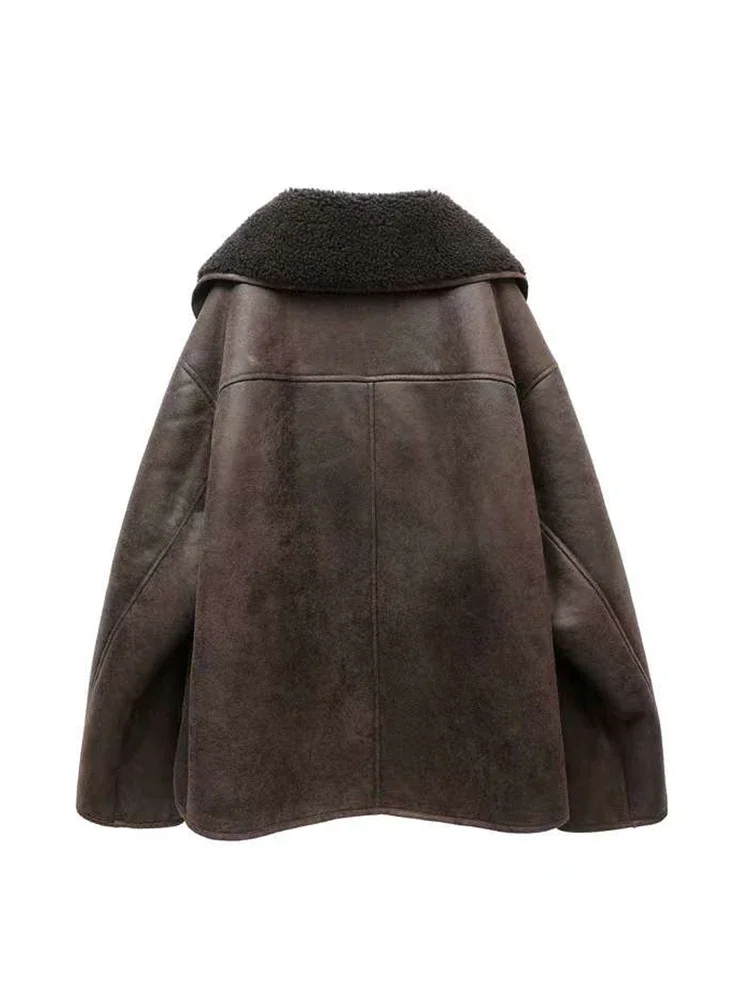 Traf Women Vintage Loose Thick Warm Faux Lamb Fur Jacket Autumn Winter Female Moto Biker Single Breasted Lapel Coat Outwear Tops