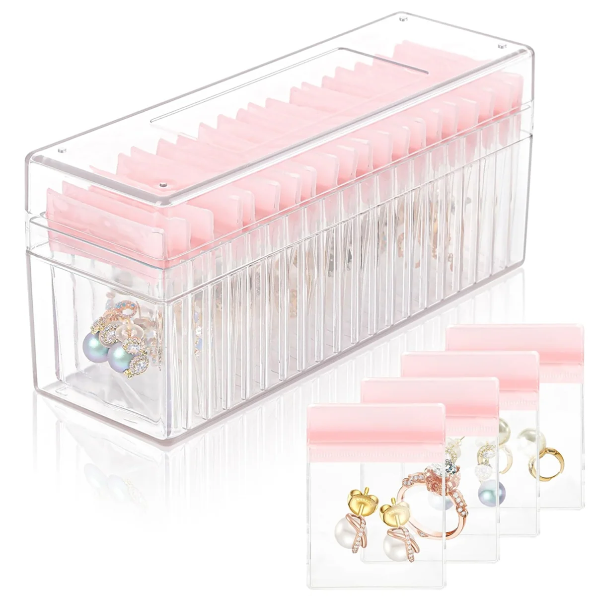 Acrylic Jewelry Box,Clear Jewelry Organizer with 20 PVC Portable Anti Oxidizing Zipper Bags,Travel Jewelry Case