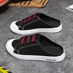 Canvas Flat House Slides Mules Walk Around Home Half Male Slipper Men's Shoe Indoor Outdoor Fun Clappers 2025 Casual Original