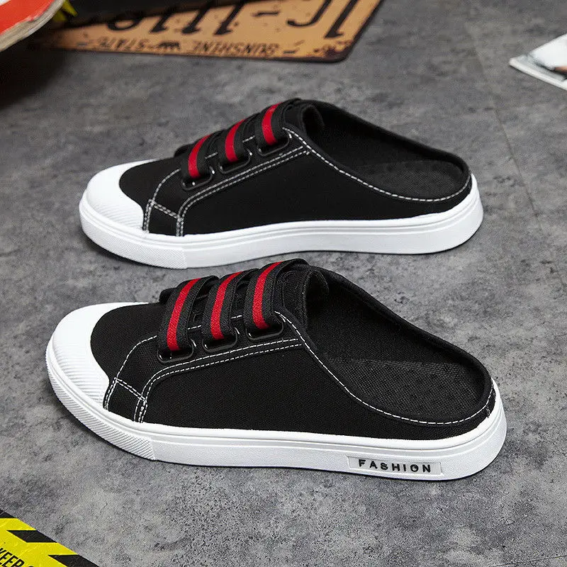 Canvas Flat House Slides Mules Walk Around Home Half Male Slipper Men's Shoe Indoor Outdoor Fun Clappers 2025 Casual Original