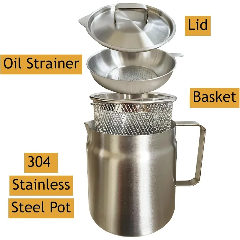 Deep Fryer Pot with Basket and Oil Strainer, 304 Stainless Steel Deep Frying Pot for French Fries, Chicken, or Japanese Tempura