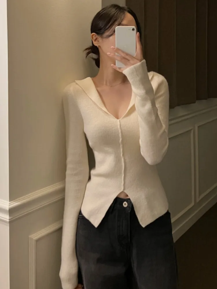 

Slim Fit Long Sve V-Ne Knitwear Women's Top Faion Design Spring Autumn Open Front Slit Design Casual Comfortable irt