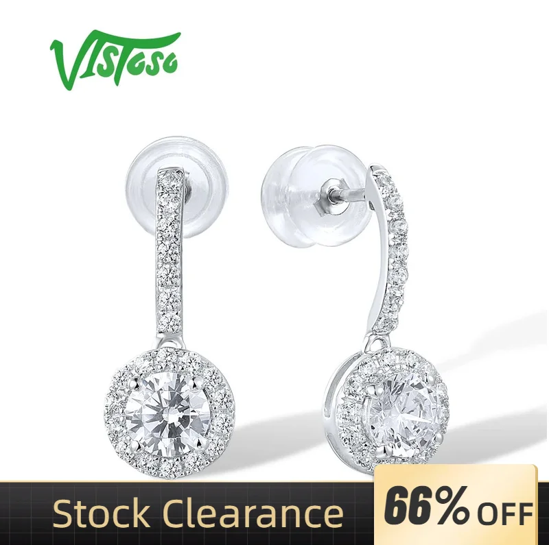 

VISTOSO Genuine 9K 375 White Gold Earrings For Women Sparkling White Cubic Zirconia Round Stud Earrings Gorgeous Fine Jewelry