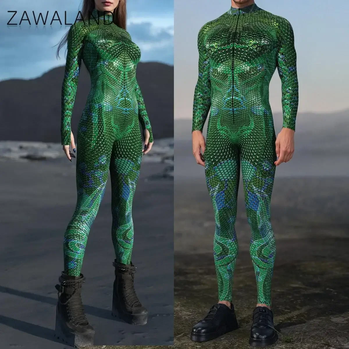 Zawaland Myriad Sentinel Green Cosplay Bodysuit Women Men Snake Print Costume Festival Party Outfit Rave Performance Zentai Suit view 4
