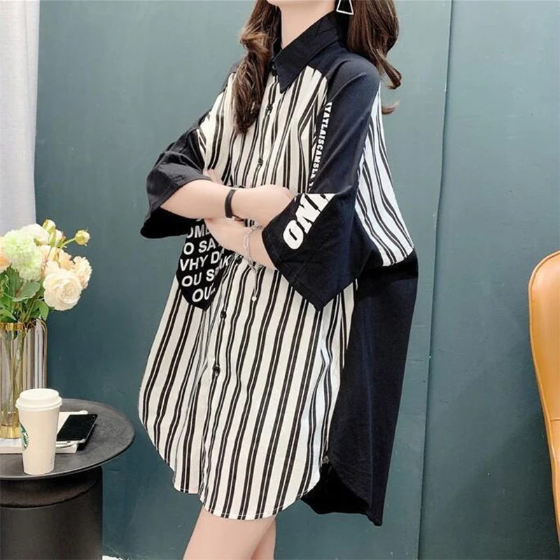 Spring Summer Street Style Trend Fashion Striped Patchwork Short Sleeve Blouse Lady Harajuku Y2K Button Up Shirt Women\'s Clothg