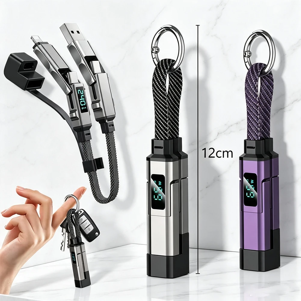 In Stock 4 in 1 65W Keychain// Charging Cable USB C Cable with V/A/W Display Type C for Portable Cord for Laptop Mobile Phone