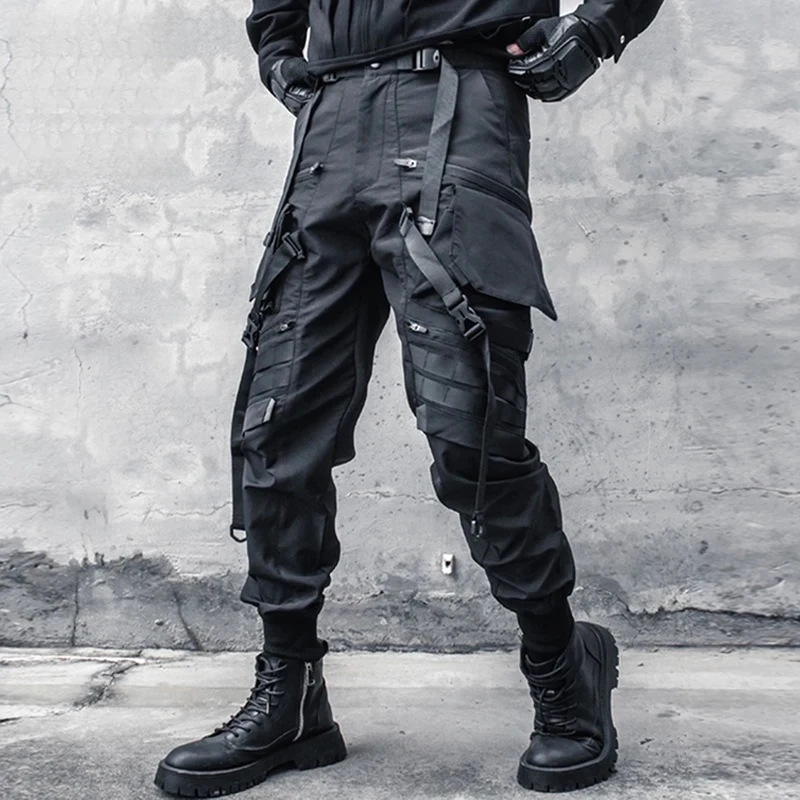 

Брюки-карго в стиле панк, мужские брюки-ниндзя с несколькими лентами и карманами, уличная одежда, мужские черные спортивные штаны в стиле хип-хоп, брюки