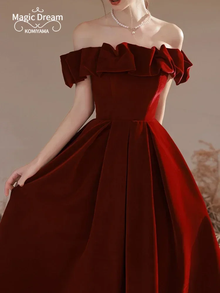 Elegant Temperment Shoulder Strapless Party Dresses Boat Neck Slim Waist Wedding Dresses Cross Lace Up Vintage Evenin