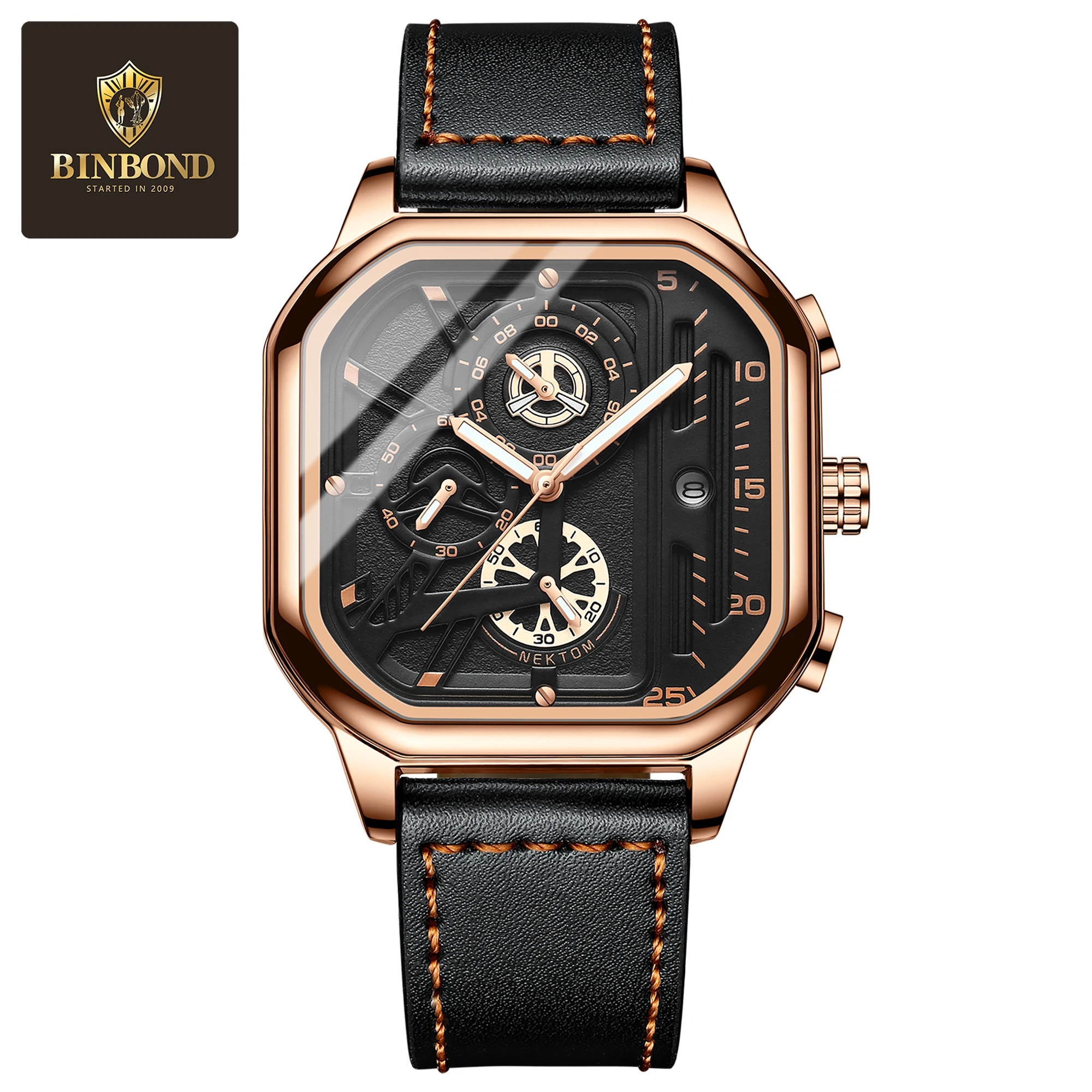 BINBOND Moda Esportes Mostrador Grande Relógio Quadrado Masculino Casual Pulseira De Couro Relógio De Quartzo Masculino
