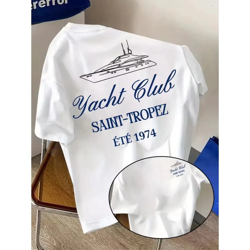 Camiseta con estampado Yacht Club Saint-Tropez Été 1974, ropa informal de verano con cuello redondo para vacaciones en Francia, ropa para hombre