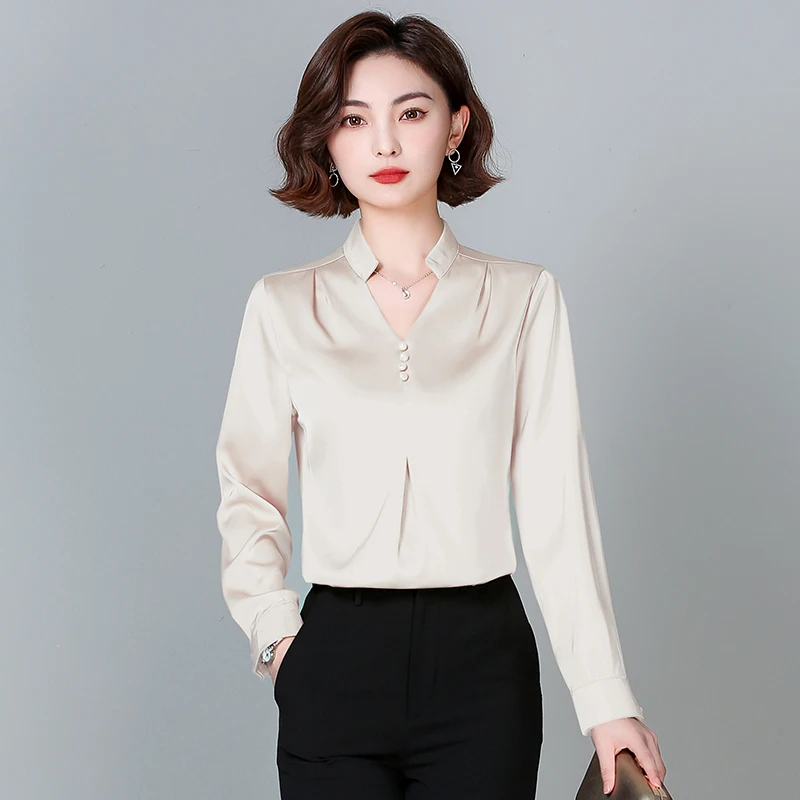 Satin Women Blouse Tops for Women Fashion Elegant OL Vintage Shirts for Women Spring Woman Clothing V-neck Long Sleeve Blouses