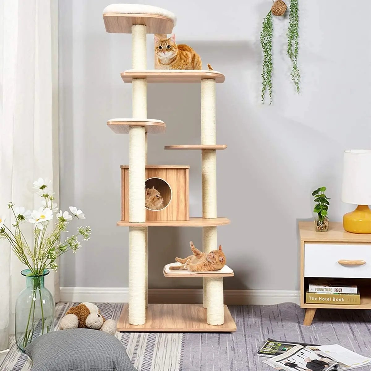 Tall Cat Tree, 69-Inch Modern Cat Tower with Sisal Rope Scratching Posts, Wood Cat Tree with Multi-Layer Platform