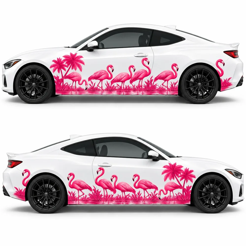 2 PCS Pink Flamingo Car Side Decals, Die-Cut Tropical Palm Vinyl Sticker Set