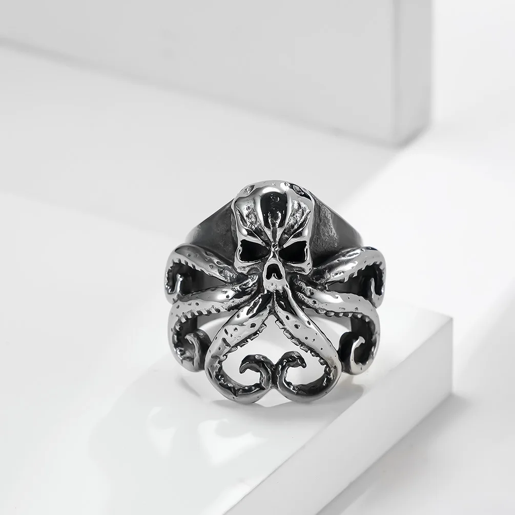 Europe and America Retro Silver Color Skull Cthulhu Ring Gothic Punk Style Squid Tentacles Open Ring Domineering Men's Jewelry