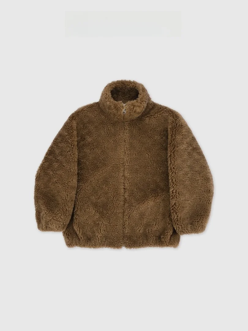 

Faionable Teddy Bear Pattern Woolen Jaet Stand Collar All-Match 00% Wool Commute Sle Women's ort Outerwear